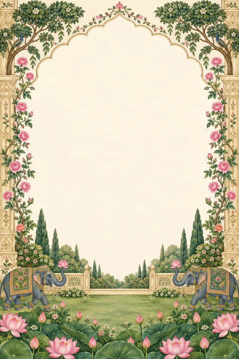 Ivory invitation framed with greenery, lotus flowers and ceremonial elephants
